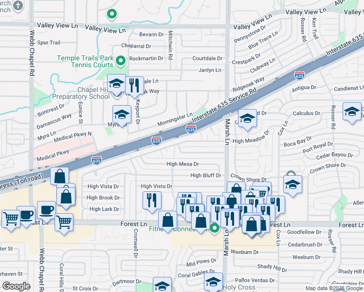 map of restaurants, bars, coffee shops, grocery stores, and more near 12315 High Meadow Drive in Dallas