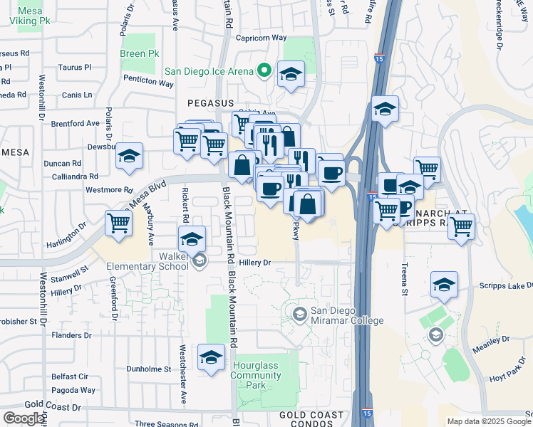 map of restaurants, bars, coffee shops, grocery stores, and more near 10740 Westview Pkwy in San Diego