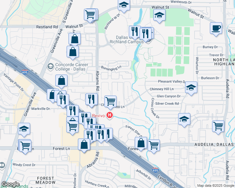 map of restaurants, bars, coffee shops, grocery stores, and more near 9655 Chimney Hill Lane in Dallas