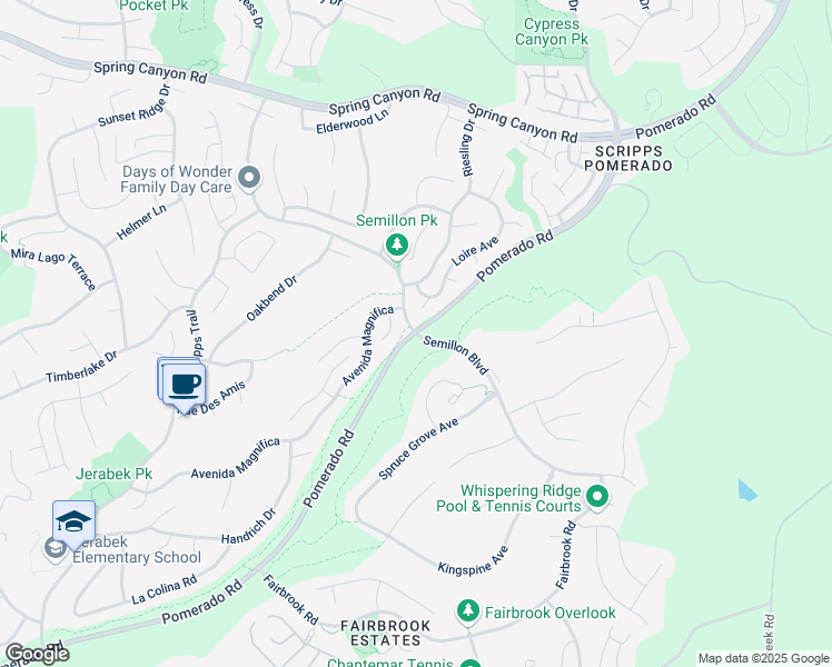 map of restaurants, bars, coffee shops, grocery stores, and more near Pomerado Rd & Semillon Blvd in San Diego