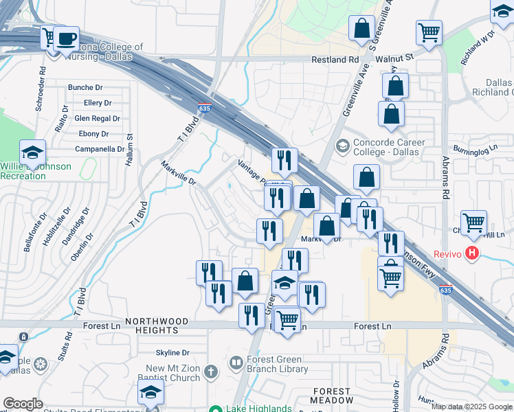 map of restaurants, bars, coffee shops, grocery stores, and more near 9000 Vantage Point Drive in Dallas