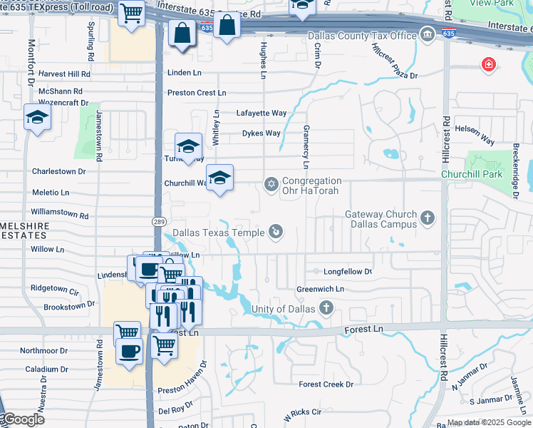 map of restaurants, bars, coffee shops, grocery stores, and more near 6324 Churchill Way in Dallas