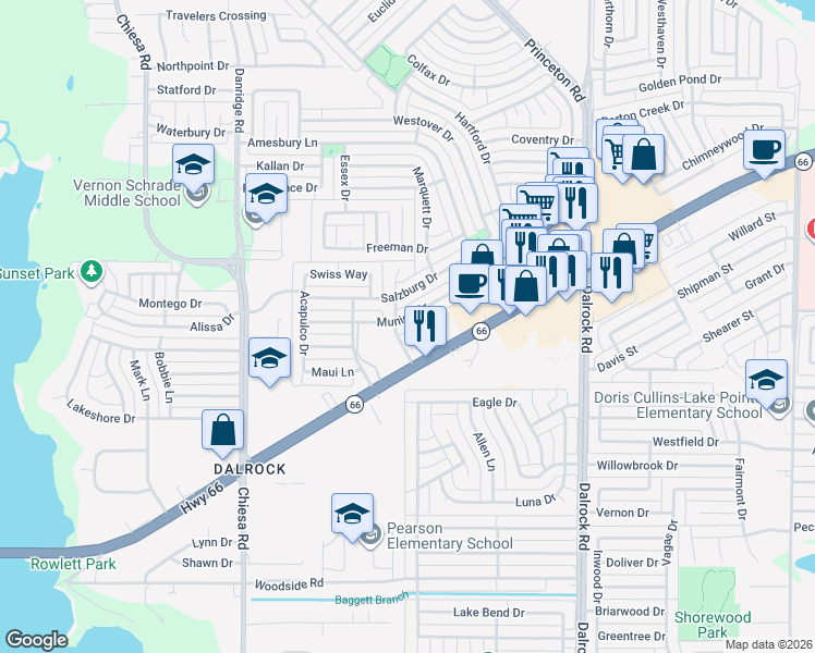 map of restaurants, bars, coffee shops, grocery stores, and more near 7905 Munich Drive in Rowlett
