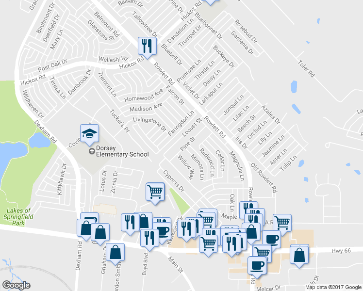 map of restaurants, bars, coffee shops, grocery stores, and more near 6221 Locust Street in Rowlett