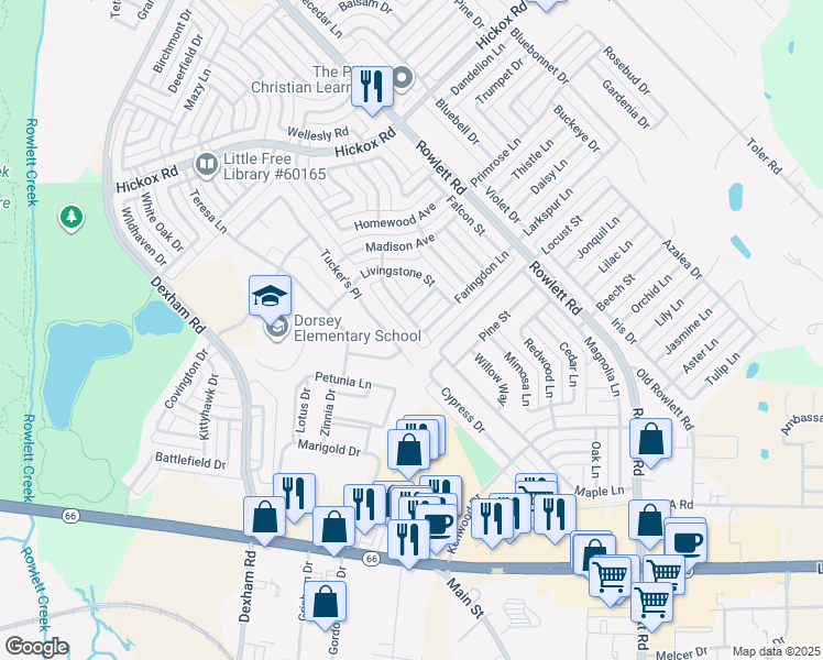map of restaurants, bars, coffee shops, grocery stores, and more near 6605 Springmeadow Lane in Rowlett