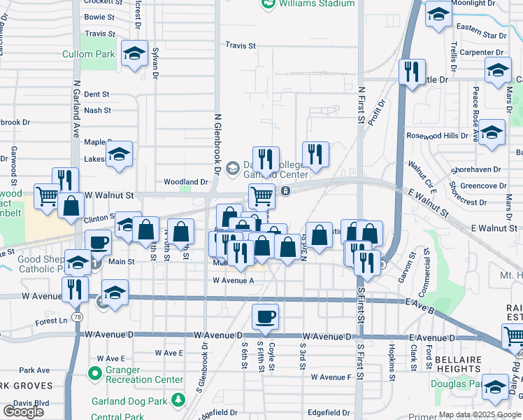 map of restaurants, bars, coffee shops, grocery stores, and more near 310 North 6th Street in Garland