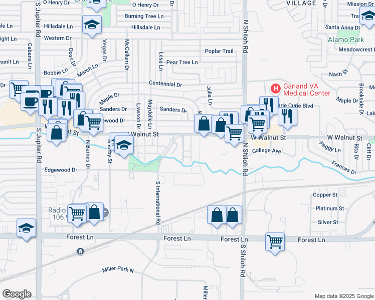 map of restaurants, bars, coffee shops, grocery stores, and more near 2800 West Walnut Street in Garland