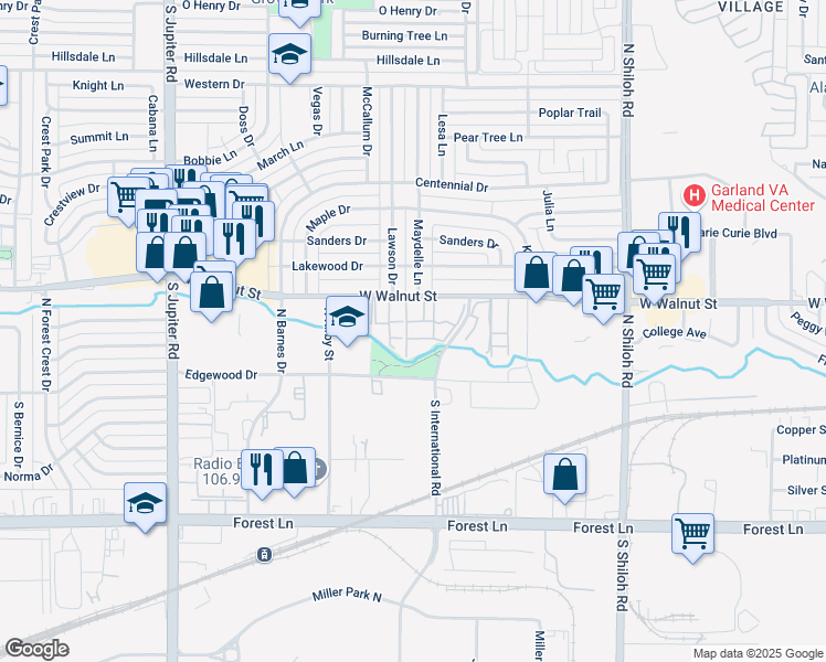 map of restaurants, bars, coffee shops, grocery stores, and more near 2914 West Walnut Street in Garland