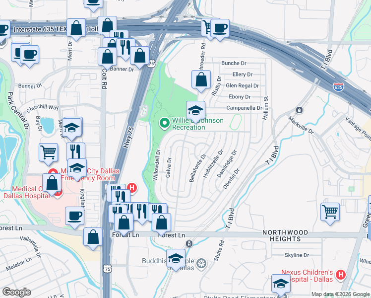 map of restaurants, bars, coffee shops, grocery stores, and more near 8205 Benares Drive in Dallas