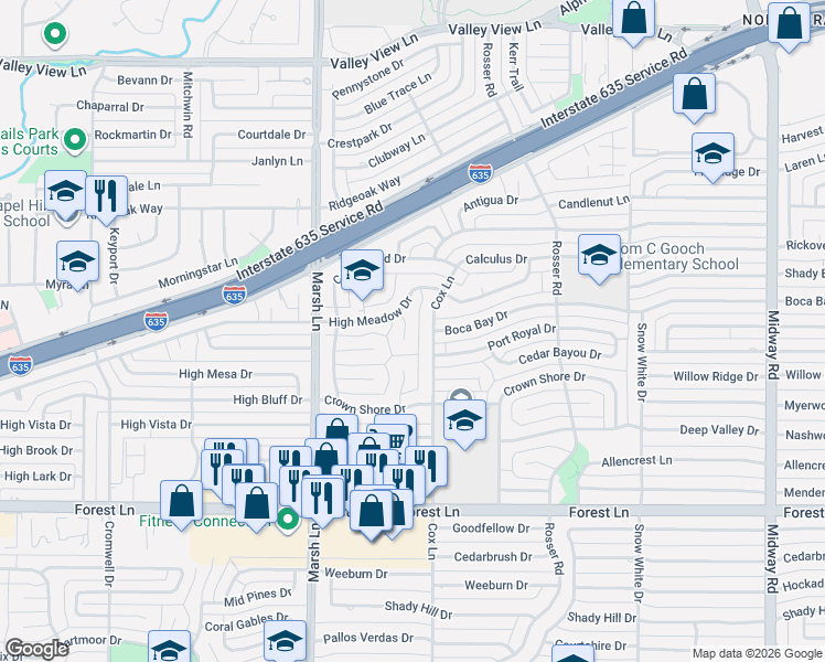 map of restaurants, bars, coffee shops, grocery stores, and more near 12232 Hightower Place in Dallas