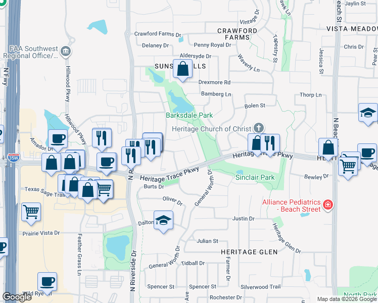 map of restaurants, bars, coffee shops, grocery stores, and more near 9633 Lankford Trail in Fort Worth