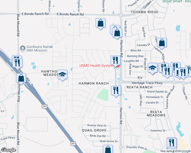map of restaurants, bars, coffee shops, grocery stores, and more near 9628 Makiposa Lane in Fort Worth