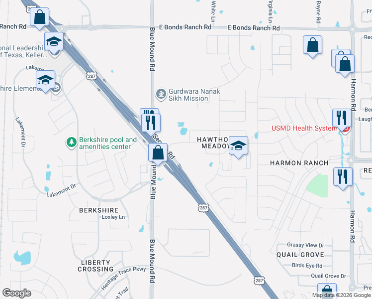 map of restaurants, bars, coffee shops, grocery stores, and more near 900 Blooming Prairie Trail in Fort Worth