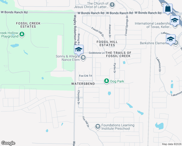 map of restaurants, bars, coffee shops, grocery stores, and more near 10220 Fox Grove Court in Fort Worth