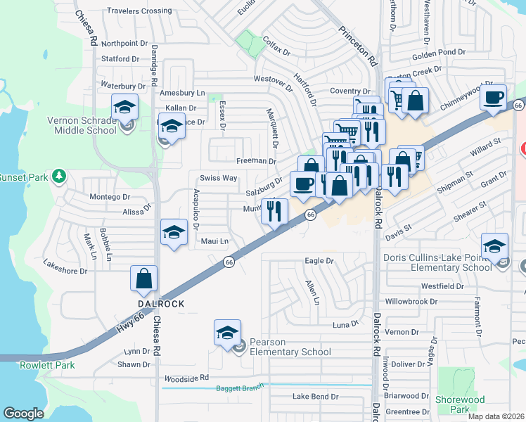 map of restaurants, bars, coffee shops, grocery stores, and more near 7905 Munich Drive in Rowlett