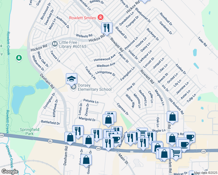 map of restaurants, bars, coffee shops, grocery stores, and more near 6605 Springmeadow Lane in Rowlett