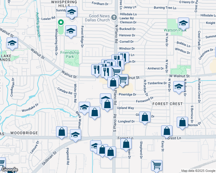 map of restaurants, bars, coffee shops, grocery stores, and more near 12365 Plano Road in Dallas