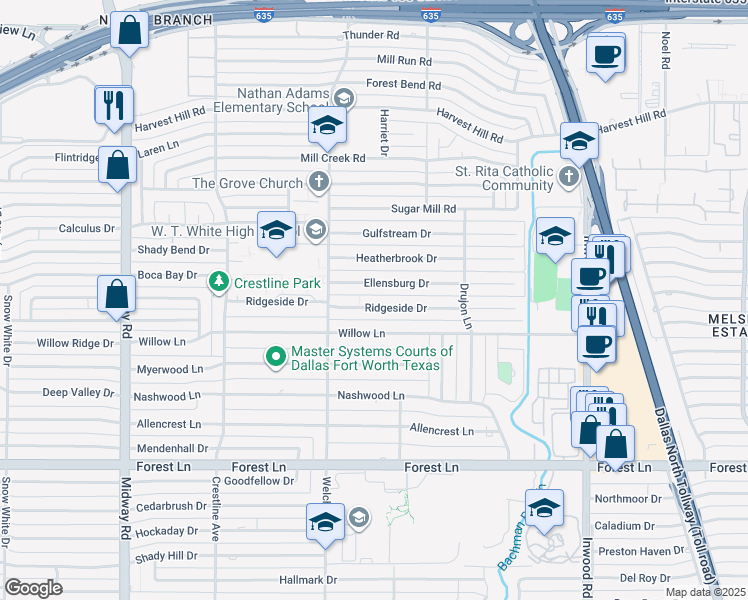 map of restaurants, bars, coffee shops, grocery stores, and more near 4624 Ellensburg Drive in Dallas