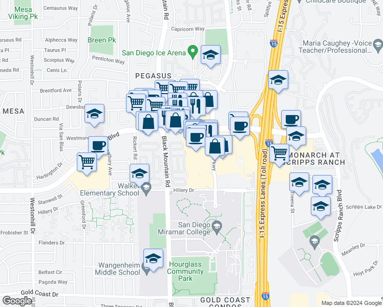 map of restaurants, bars, coffee shops, grocery stores, and more near 10740 Westview Parkway in San Diego