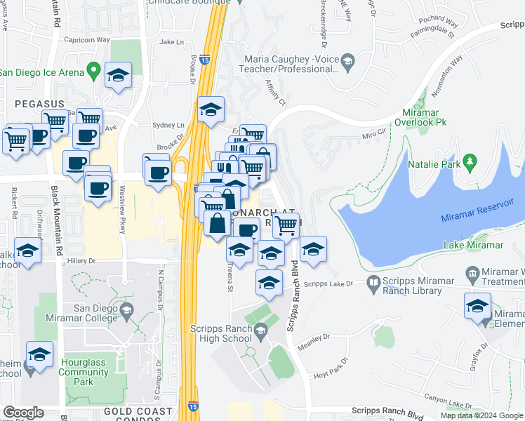 map of restaurants, bars, coffee shops, grocery stores, and more near 10832 Scripps Ranch Boulevard in San Diego