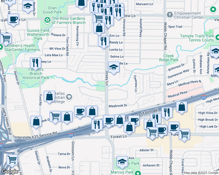 map of restaurants, bars, coffee shops, grocery stores, and more near in Farmers Branch