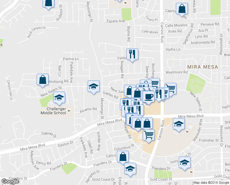 map of restaurants, bars, coffee shops, grocery stores, and more near 8007 New Salem Street in San Diego