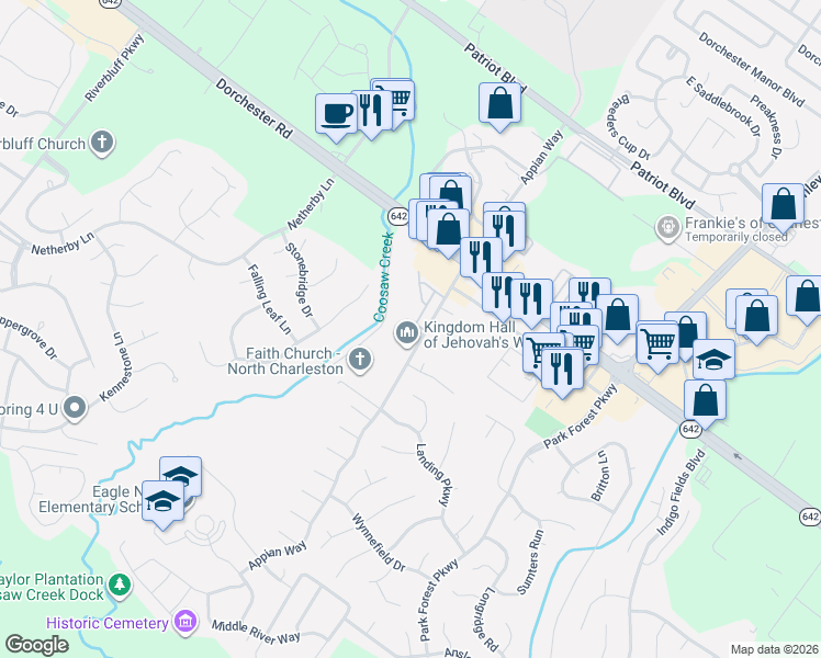 map of restaurants, bars, coffee shops, grocery stores, and more near 1104 Margle Way in North Charleston