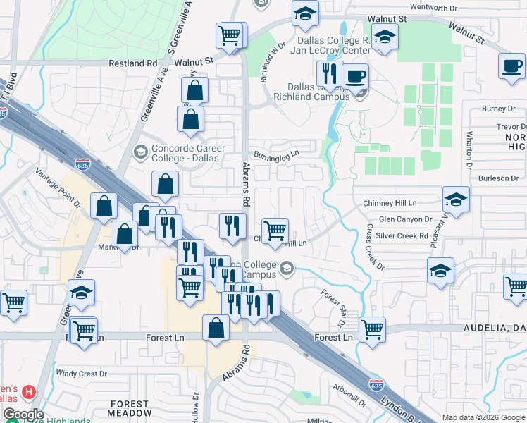 map of restaurants, bars, coffee shops, grocery stores, and more near 2 Abrams Road in Dallas