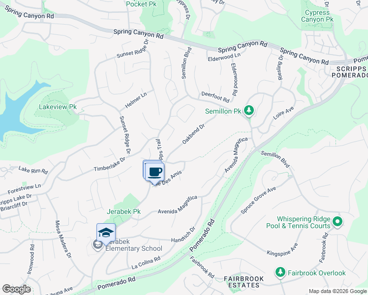 map of restaurants, bars, coffee shops, grocery stores, and more near 10641 Oakbend Drive in San Diego