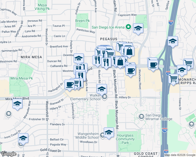 map of restaurants, bars, coffee shops, grocery stores, and more near 10760 Rickert Road in San Diego