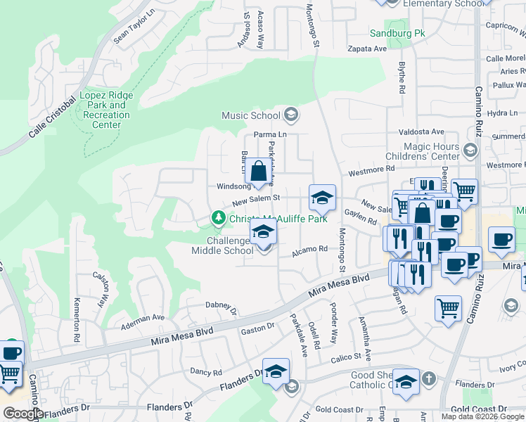 map of restaurants, bars, coffee shops, grocery stores, and more near 10896 Sandy Hook Road in San Diego