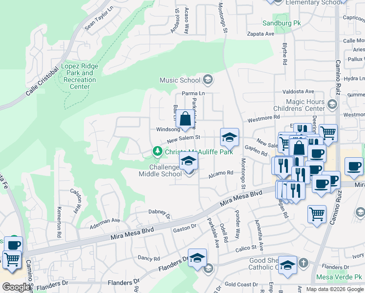 map of restaurants, bars, coffee shops, grocery stores, and more near 10896 Sandy Hook Road in San Diego