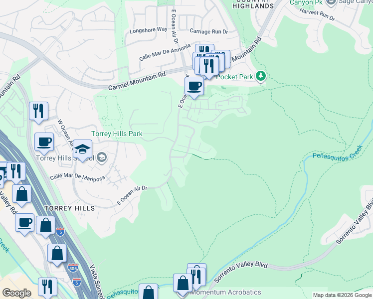map of restaurants, bars, coffee shops, grocery stores, and more near 4640 Vereda Luz Del Sol in San Diego