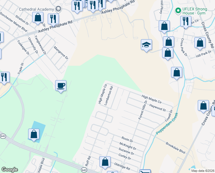 map of restaurants, bars, coffee shops, grocery stores, and more near 7782 High Maple Circle in North Charleston