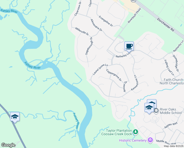 map of restaurants, bars, coffee shops, grocery stores, and more near 8744 Laurel Grove Lane in North Charleston