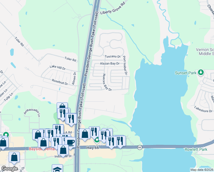 map of restaurants, bars, coffee shops, grocery stores, and more near 5217 Matagorda Bay Court in Rowlett
