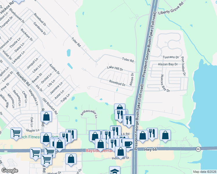 map of restaurants, bars, coffee shops, grocery stores, and more near 4402 Rosebud Drive in Rowlett