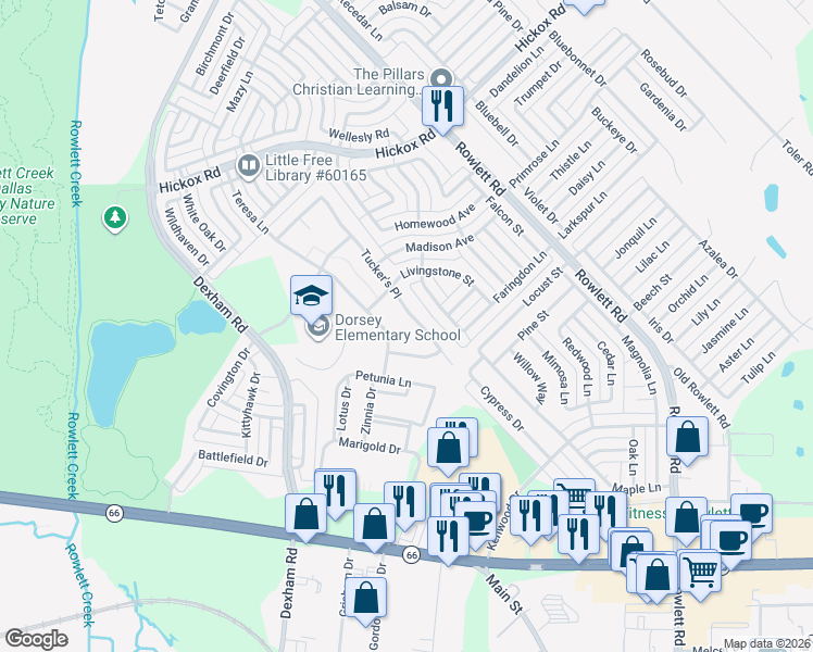 map of restaurants, bars, coffee shops, grocery stores, and more near 6205 Tucker's Place in Rowlett
