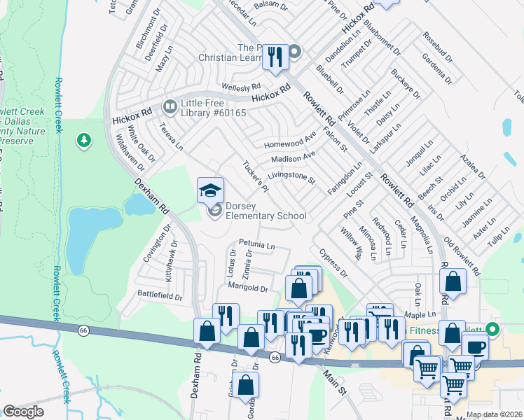 map of restaurants, bars, coffee shops, grocery stores, and more near 6205 Tucker's Place in Rowlett