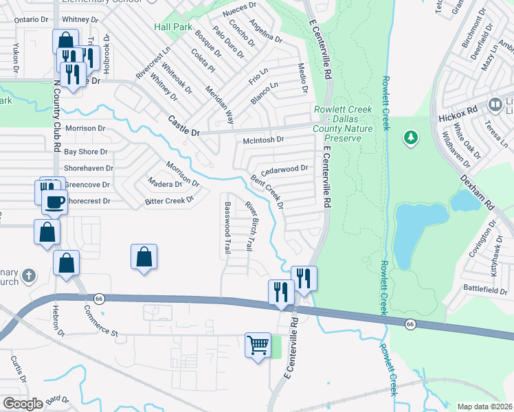 map of restaurants, bars, coffee shops, grocery stores, and more near 522 River Birch Trail in Garland