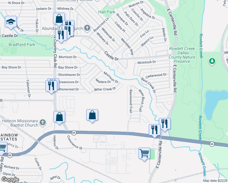 map of restaurants, bars, coffee shops, grocery stores, and more near 1617 Bitter Creek Dr in Garland