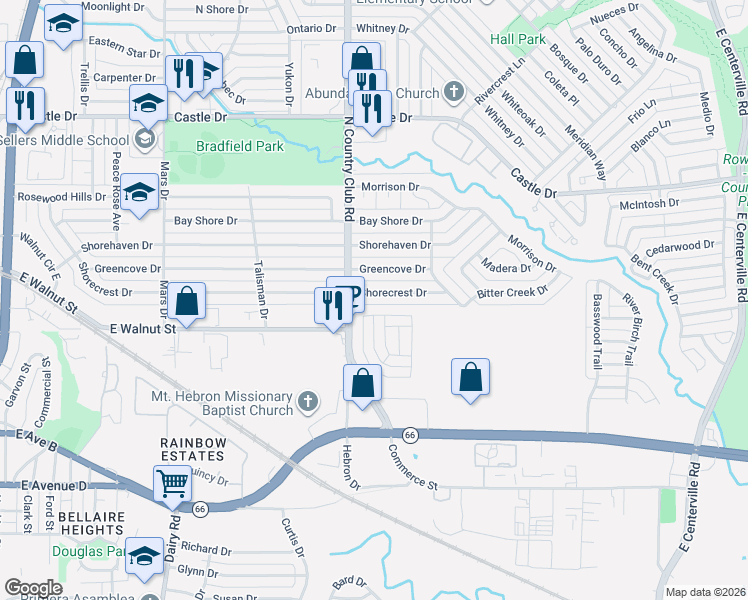 map of restaurants, bars, coffee shops, grocery stores, and more near 1429 Shorecrest Drive in Garland