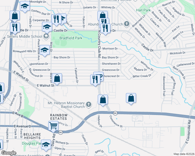 map of restaurants, bars, coffee shops, grocery stores, and more near 1401 Shorecrest Drive in Garland