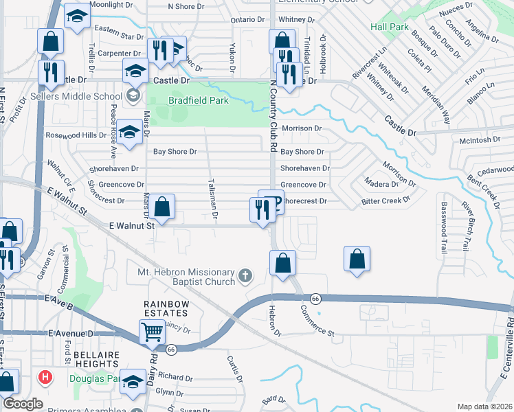 map of restaurants, bars, coffee shops, grocery stores, and more near 1301 Shorecrest Drive in Garland