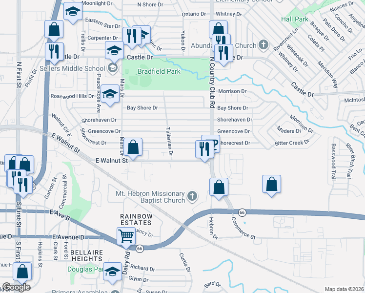 map of restaurants, bars, coffee shops, grocery stores, and more near 1113 Shorecrest Drive in Garland