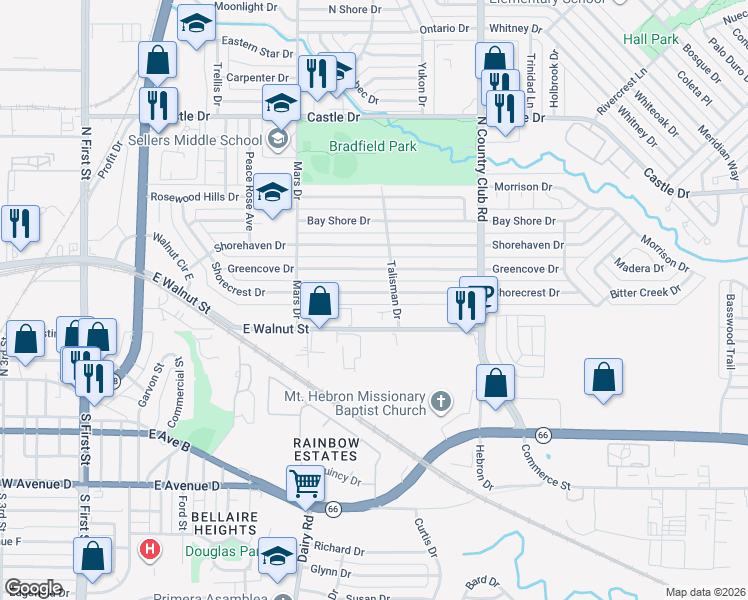 map of restaurants, bars, coffee shops, grocery stores, and more near 1017 Shorecrest Drive in Garland