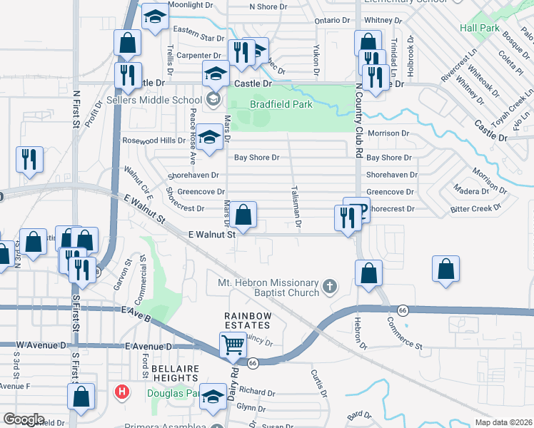map of restaurants, bars, coffee shops, grocery stores, and more near 913 Shorecrest Drive in Garland