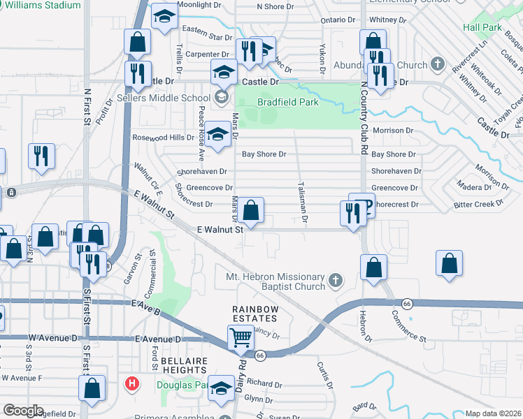map of restaurants, bars, coffee shops, grocery stores, and more near 913 Shorecrest Drive in Garland