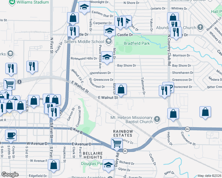 map of restaurants, bars, coffee shops, grocery stores, and more near 705 Shorecrest Drive in Garland