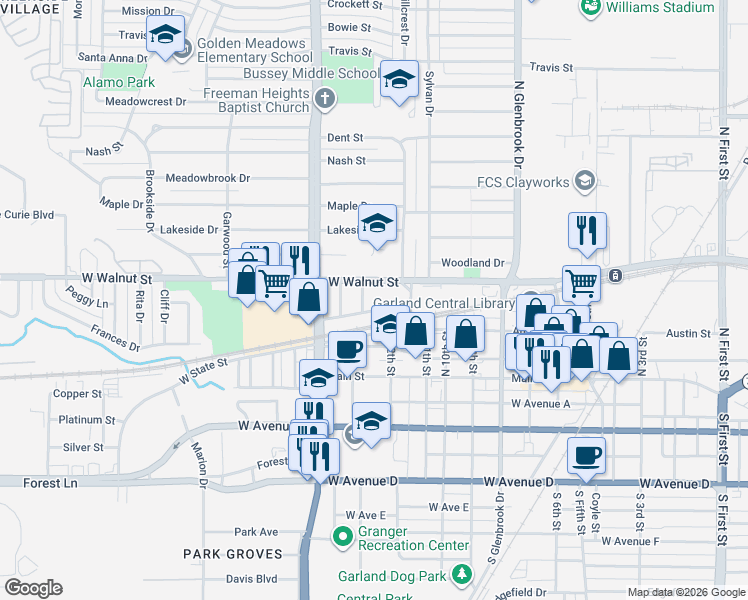 map of restaurants, bars, coffee shops, grocery stores, and more near 1124 West Walnut Street in Garland